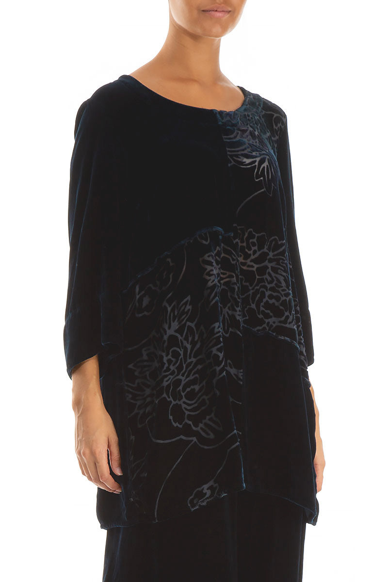 Devoré Front Peacock Blue Silk Velvet Tunic