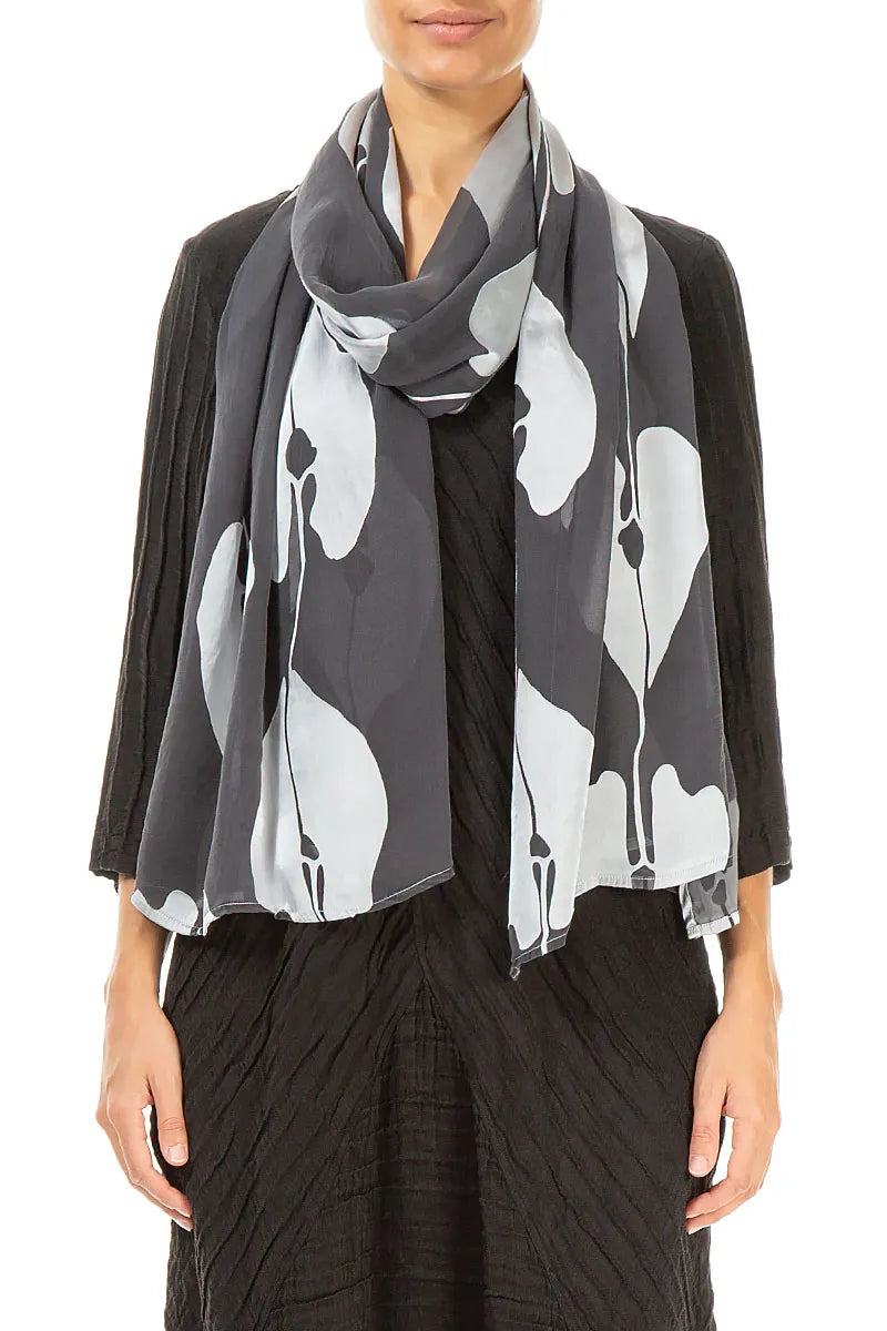Devoré Leaves Silver Silk Scarf 1