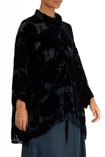 Devoré Pattern Midnight Blue Silk Velvet Shirt