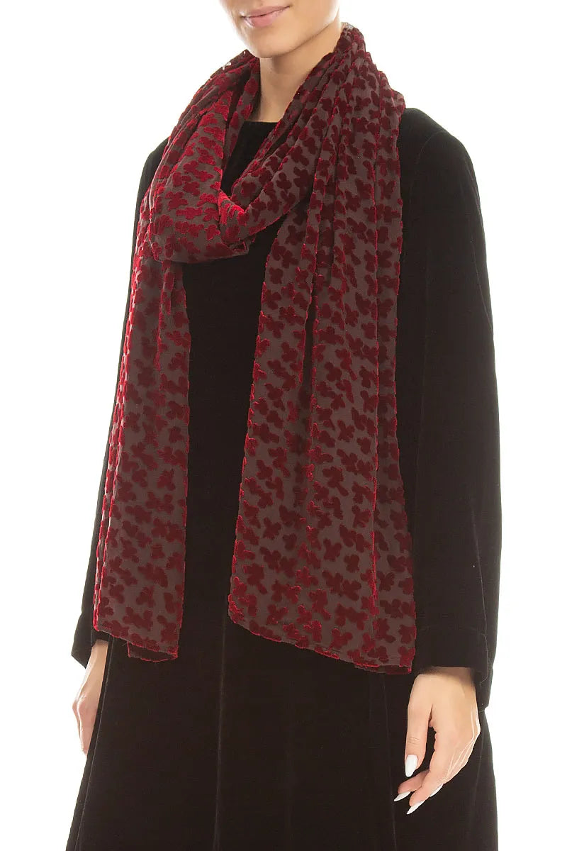 Écharpe en velours de soie rouge cerise Devoré Petals