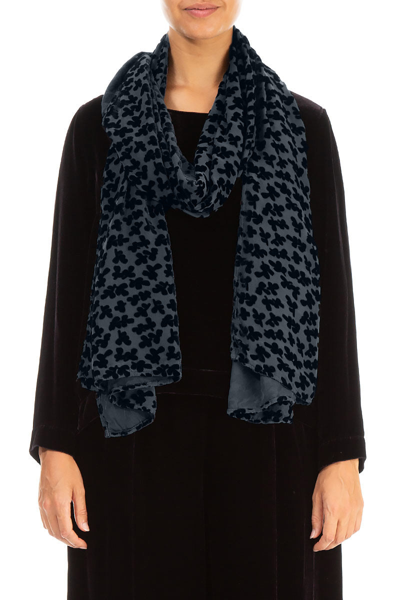 Devoré Petals Midnight Blue Silk Velvet Scarf