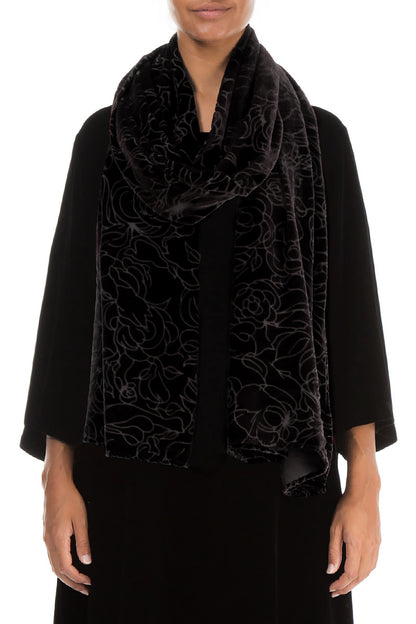 Devoré Roses Black Silk Velvet Scarf 1