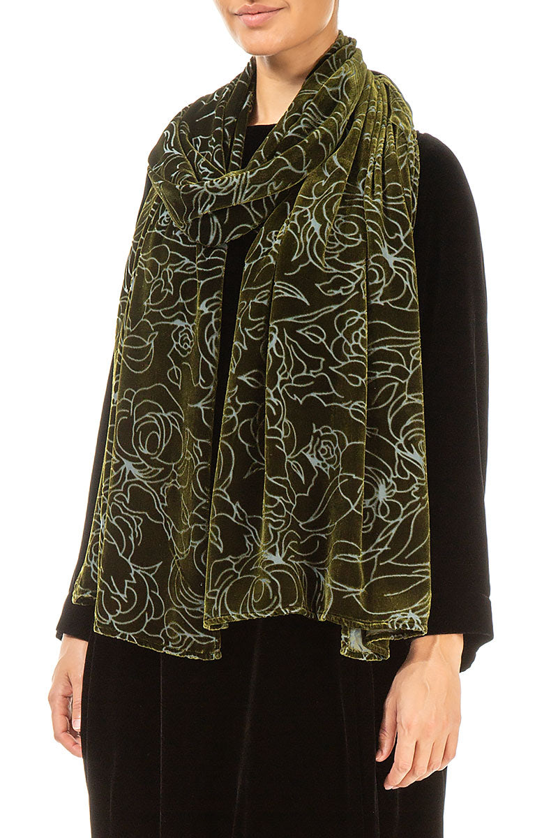 Devoré Roses Forest Mist Silk Velvet Scarf 3