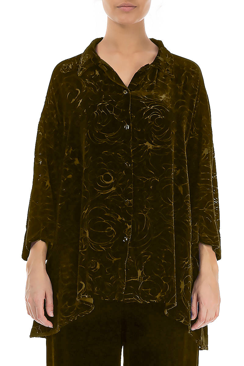 Devoré Roses Golden Sage Silk Velvet Shirt