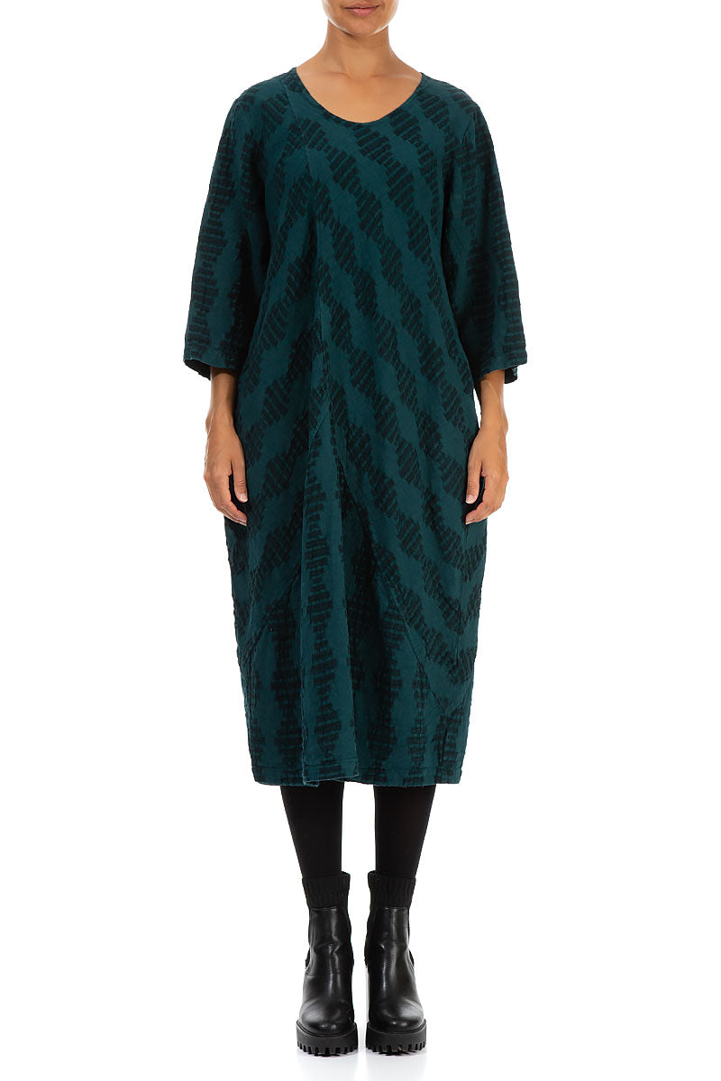 Diagonal Woven Textured Emerald Linen Dress