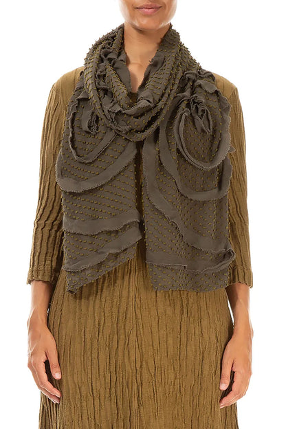 Dotty Frilly Flower Khaki Silk Scarf