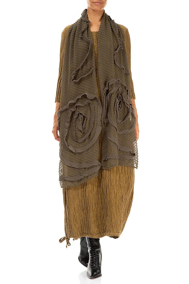 Dotty Frilly Flower Khaki Silk Scarf