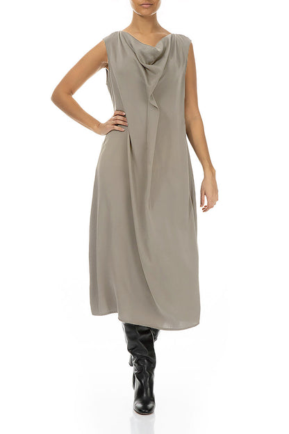 Drape Neck Sleeveless Silver Sage Silk Dress