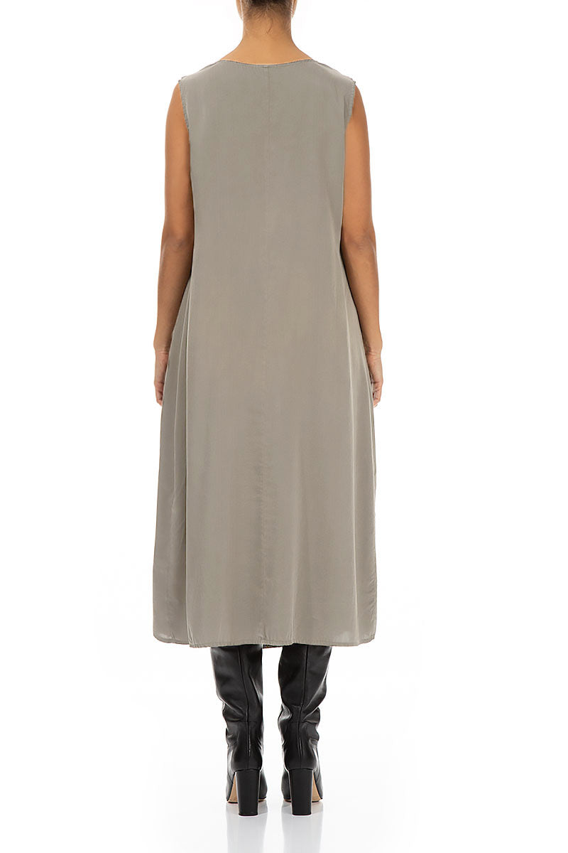 Drape Neck Sleeveless Silver Sage Silk Dress