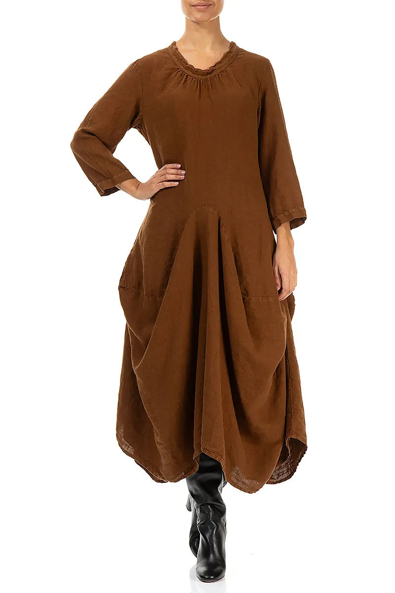 Draped Aged Copper Linen Dress 4