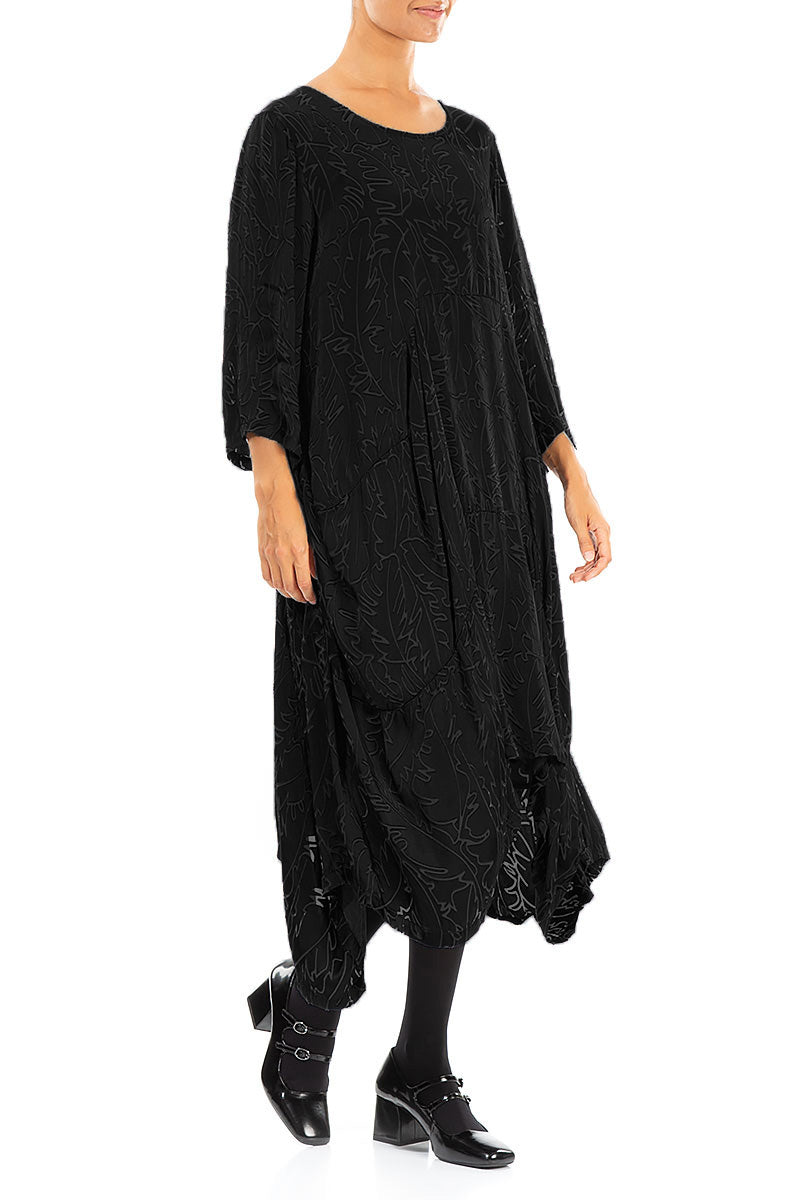 Draped Black Devoré Feather Silk Dress