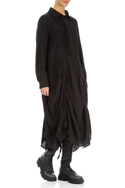 Draped Black Silk Bamboo Tuck Dress 4