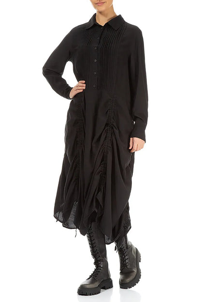 Draped Black Silk Bamboo Tuck Dress 5
