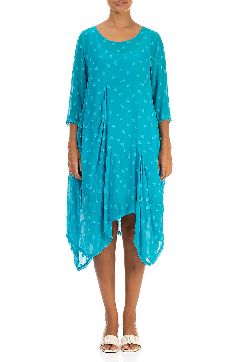 Draped Bright Turquoise Dotty Silk Dress