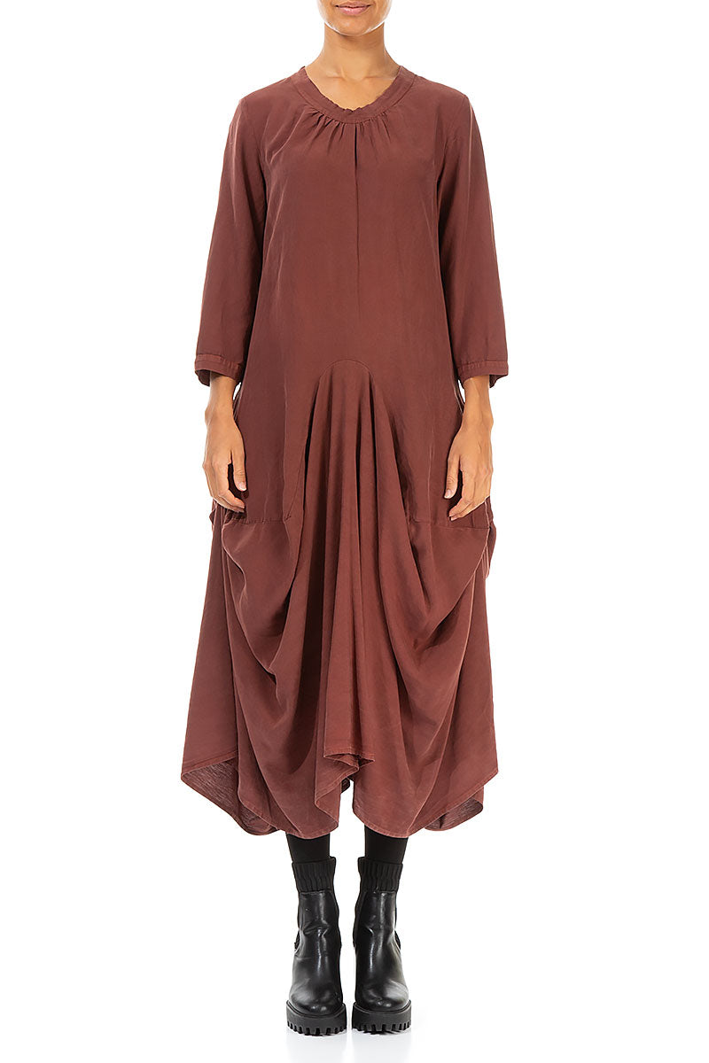 Draped Cocoa Silk Linen Dress