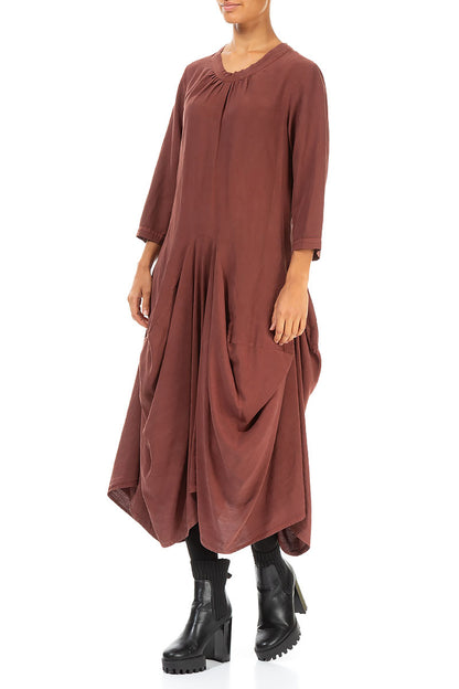 Draped Cocoa Silk Linen Dress