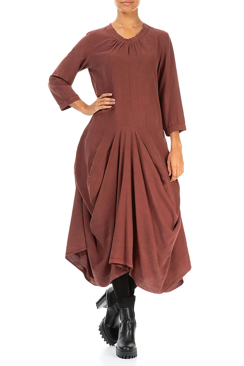 Draped Cocoa Silk Linen Dress