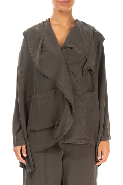 Draped Collar Khaki Silk Linen Jacket