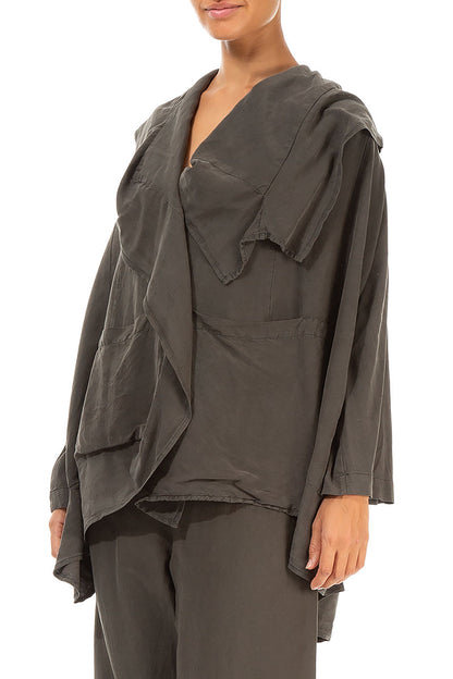 Draped Collar Khaki Silk Linen Jacket