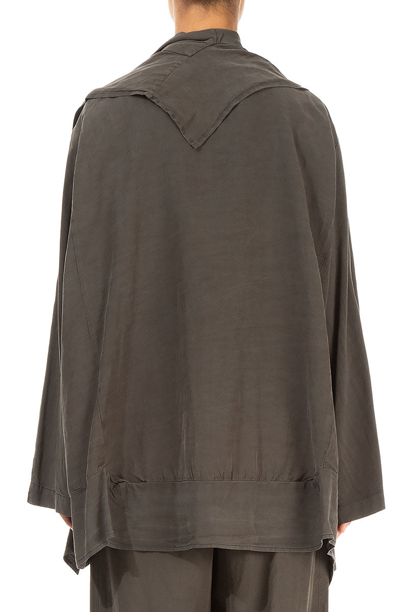 Draped Collar Khaki Silk Linen Jacket