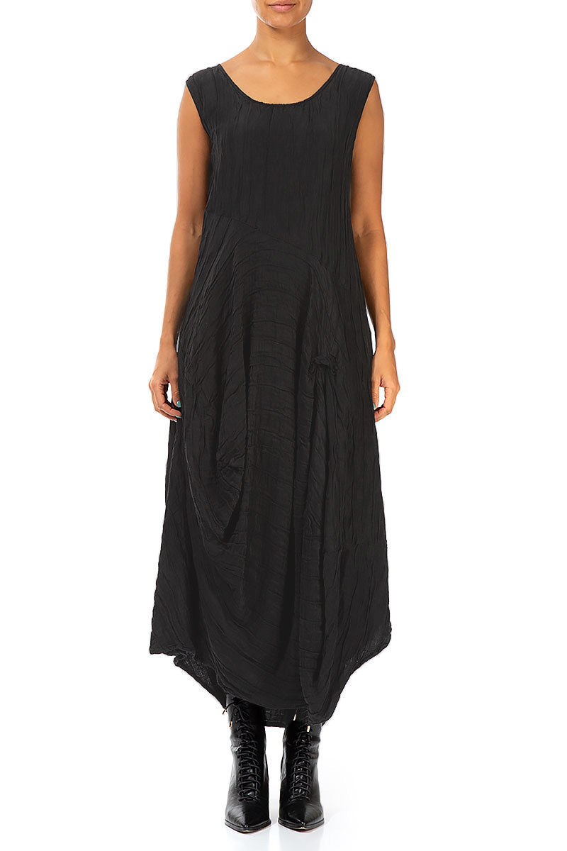 Draped Crinkled Black Silk Dress