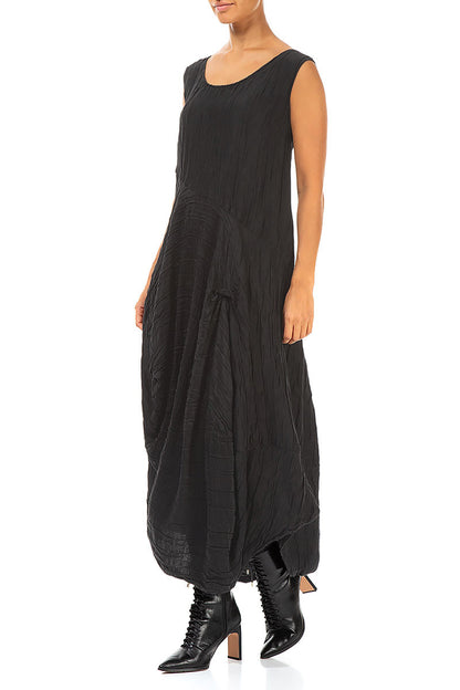 Draped Crinkled Black Silk Dress