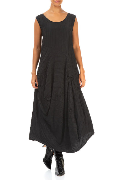 Draped Crinkled Black Silk Dress