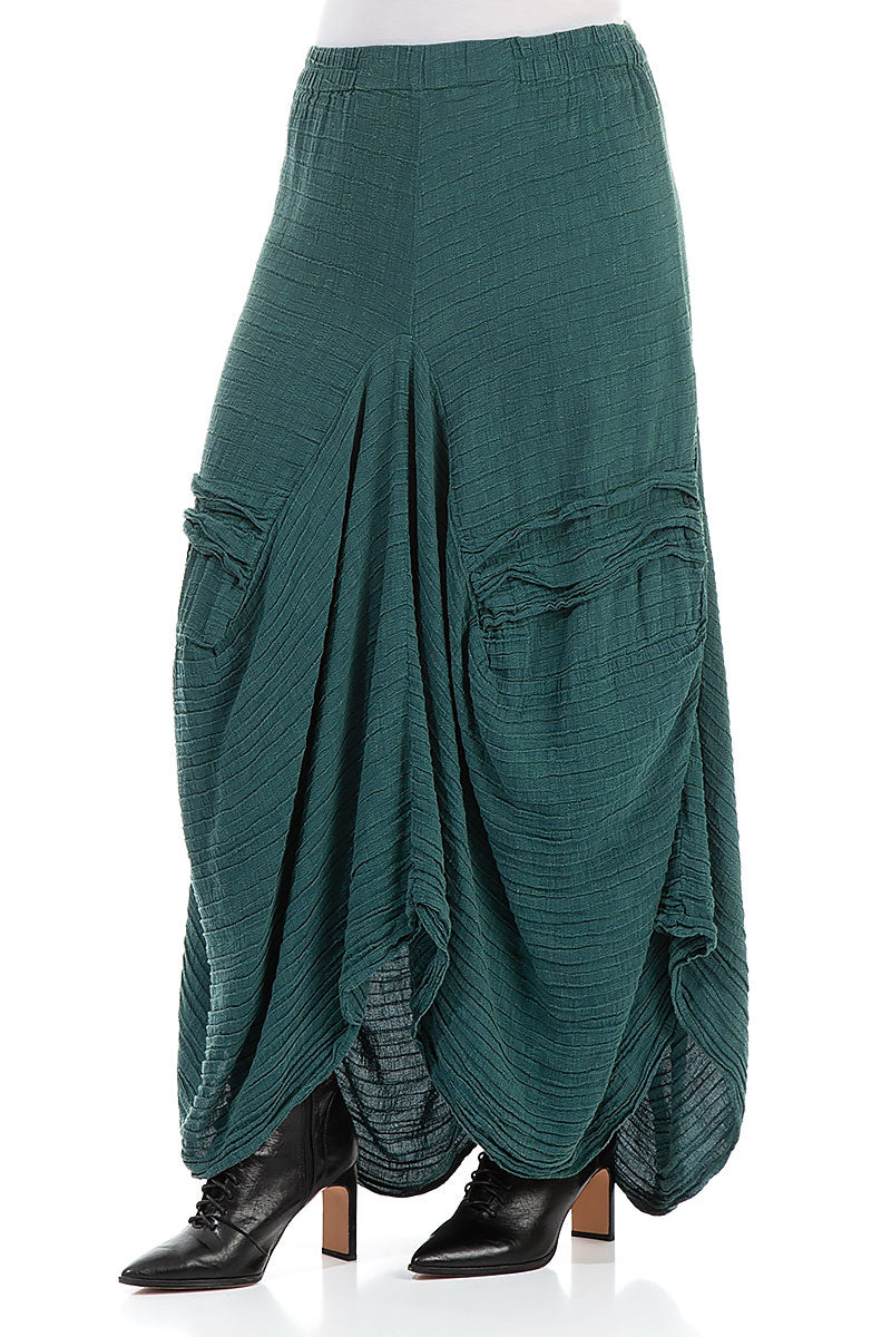 Draped Crinkled Dark Teal Silk Maxi Skirt