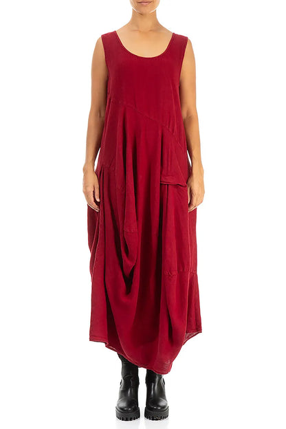 Draped Dark Red Linen Dress 1