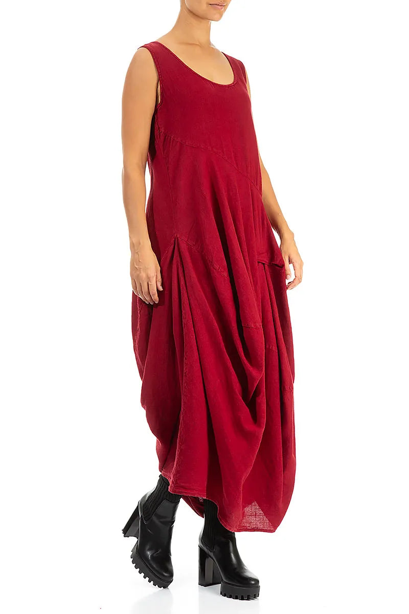 Draped Dark Red Linen Dress 3