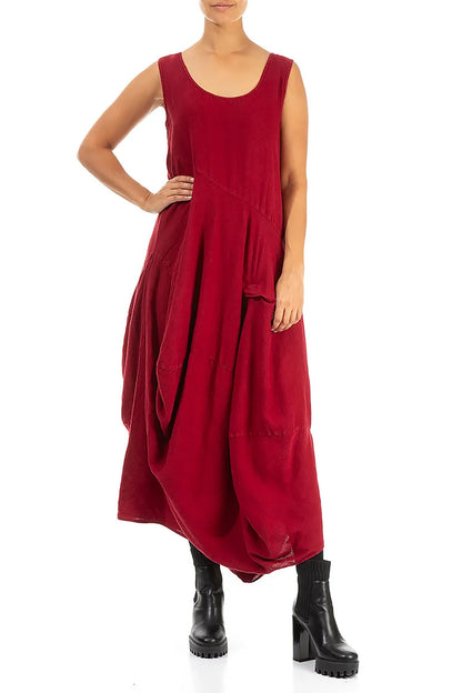 Draped Dark Red Linen Dress 4
