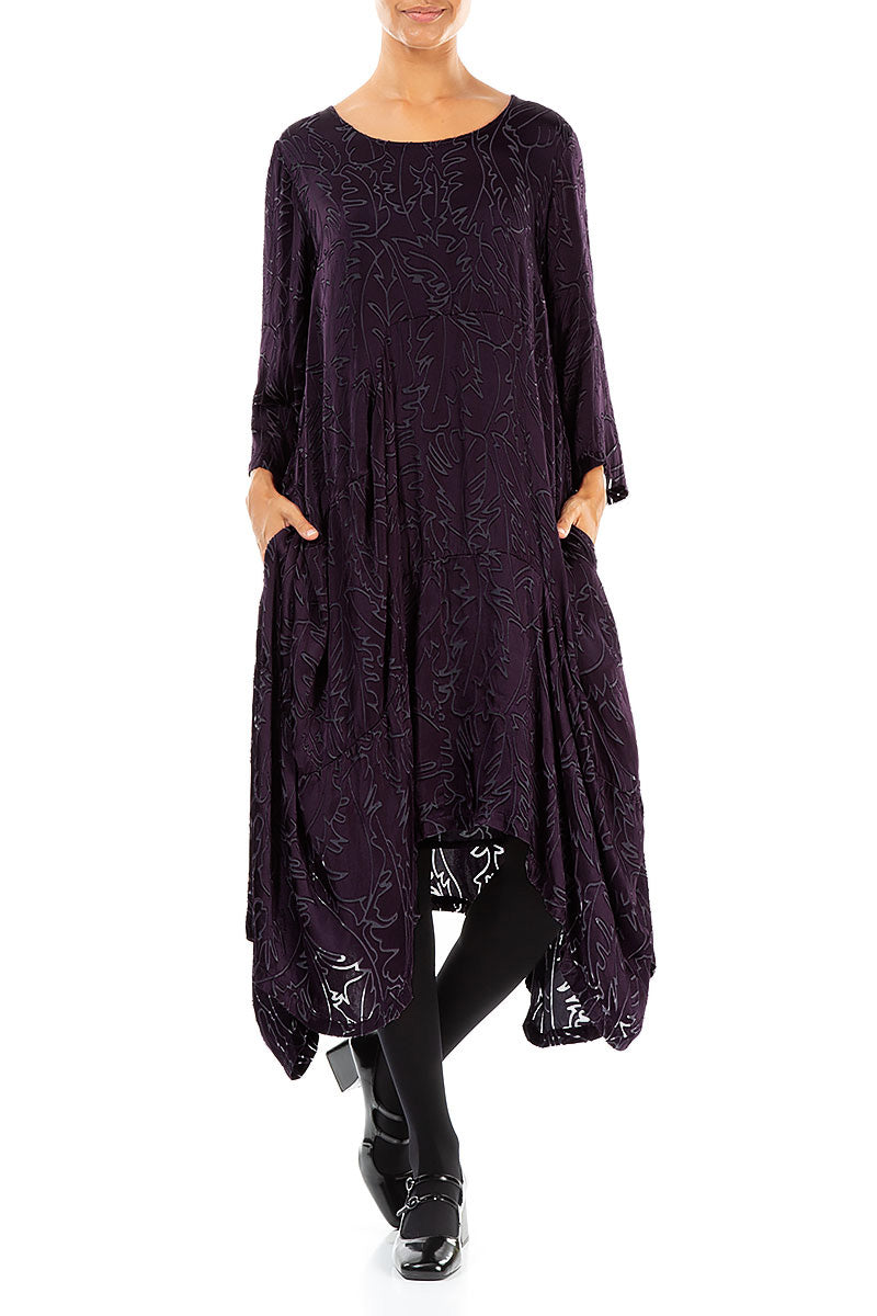 Draped Deep Plum Devoré Feather Silk Dress 4