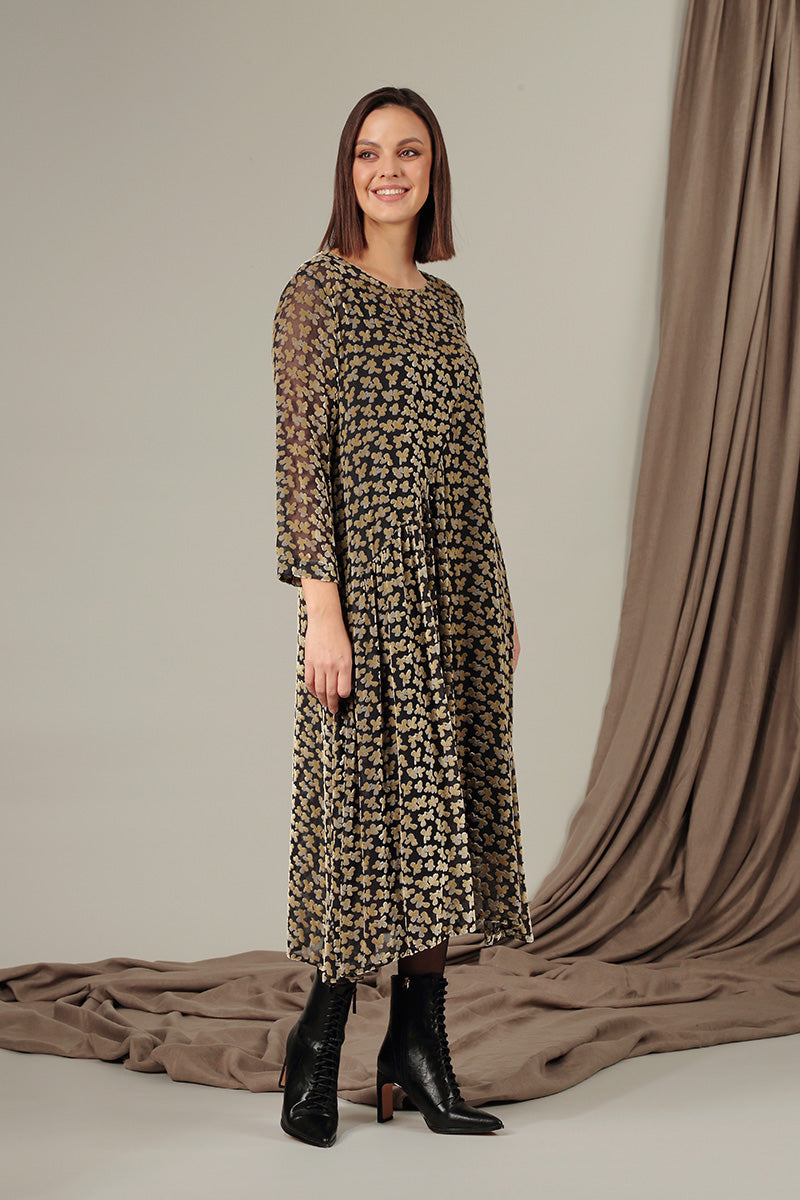 Draped Devoré Petals Gold Silk Velvet Dress