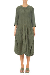 Draped Forest Mist Crinkled Silk Linen Dress 1