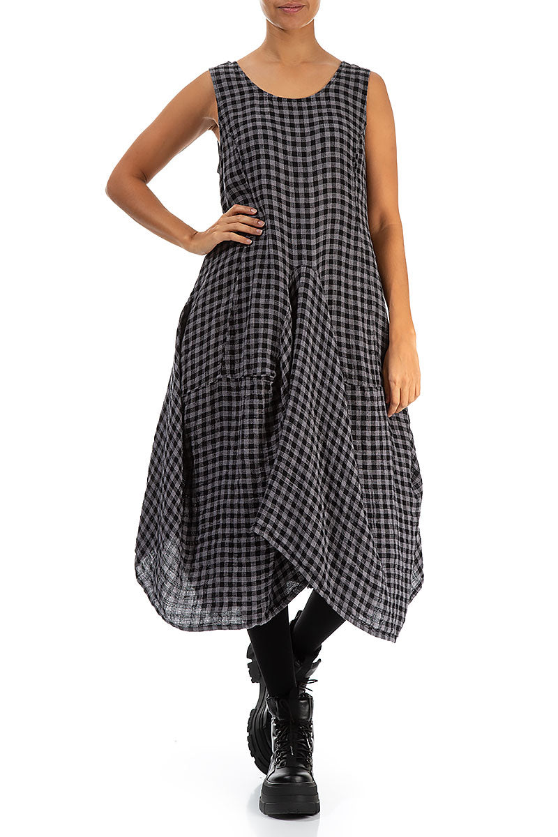 Draped Grey Check Linen Dress