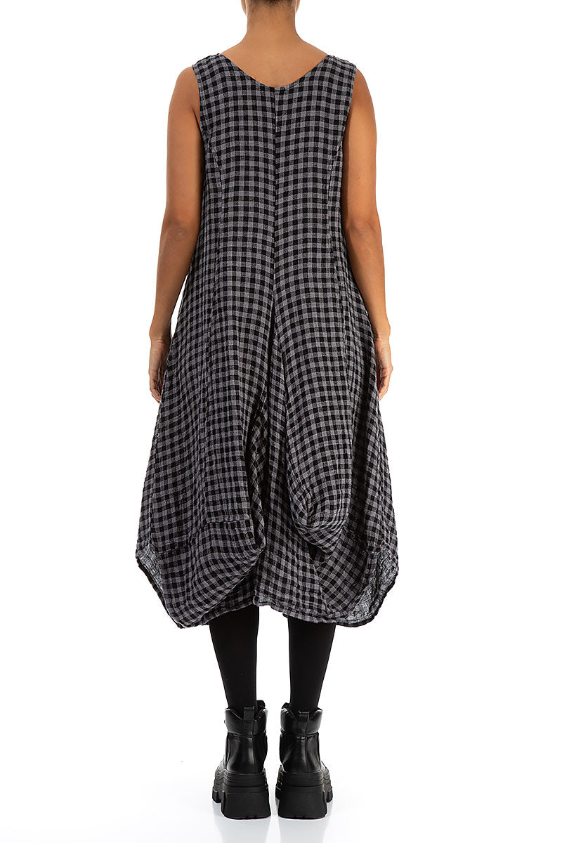 Draped Grey Check Linen Dress