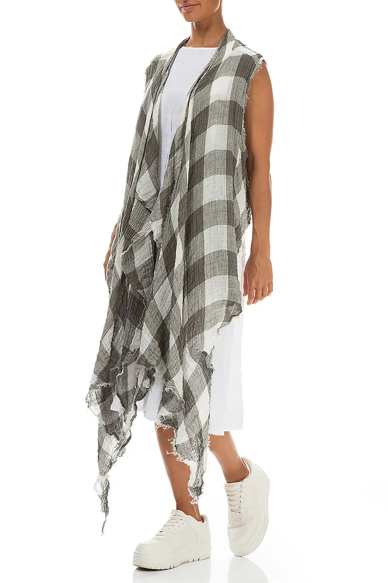Draped Large Check White Gauze Linen Vest 3