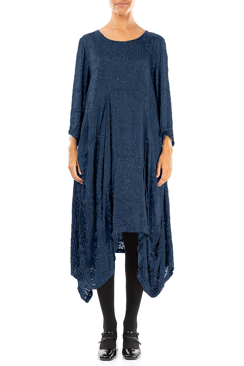 Draped Royal Blue Devoré Feather Silk Dress 1