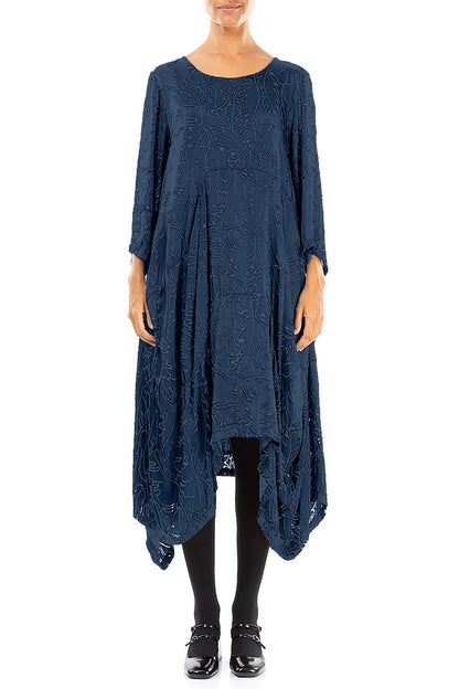 Draped Royal Blue Devoré Feather Silk Dress 1