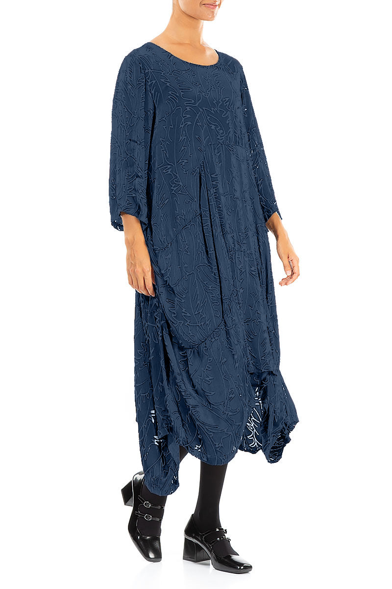 Draped Royal Blue Devoré Feather Silk Dress 3