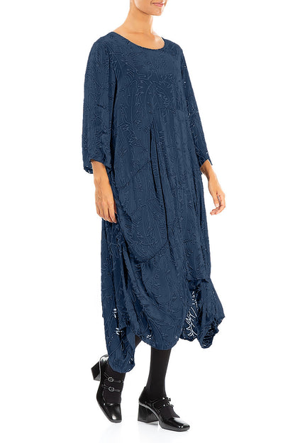 Draped Royal Blue Devoré Feather Silk Dress 3
