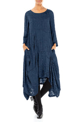 Draped Royal Blue Devoré Feather Silk Dress 4