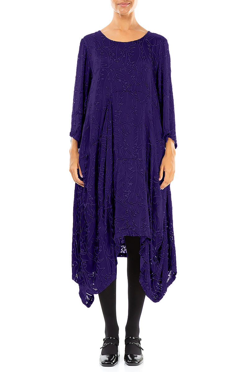 Draped Royal Purple Devoré Feather Silk Dress 1
