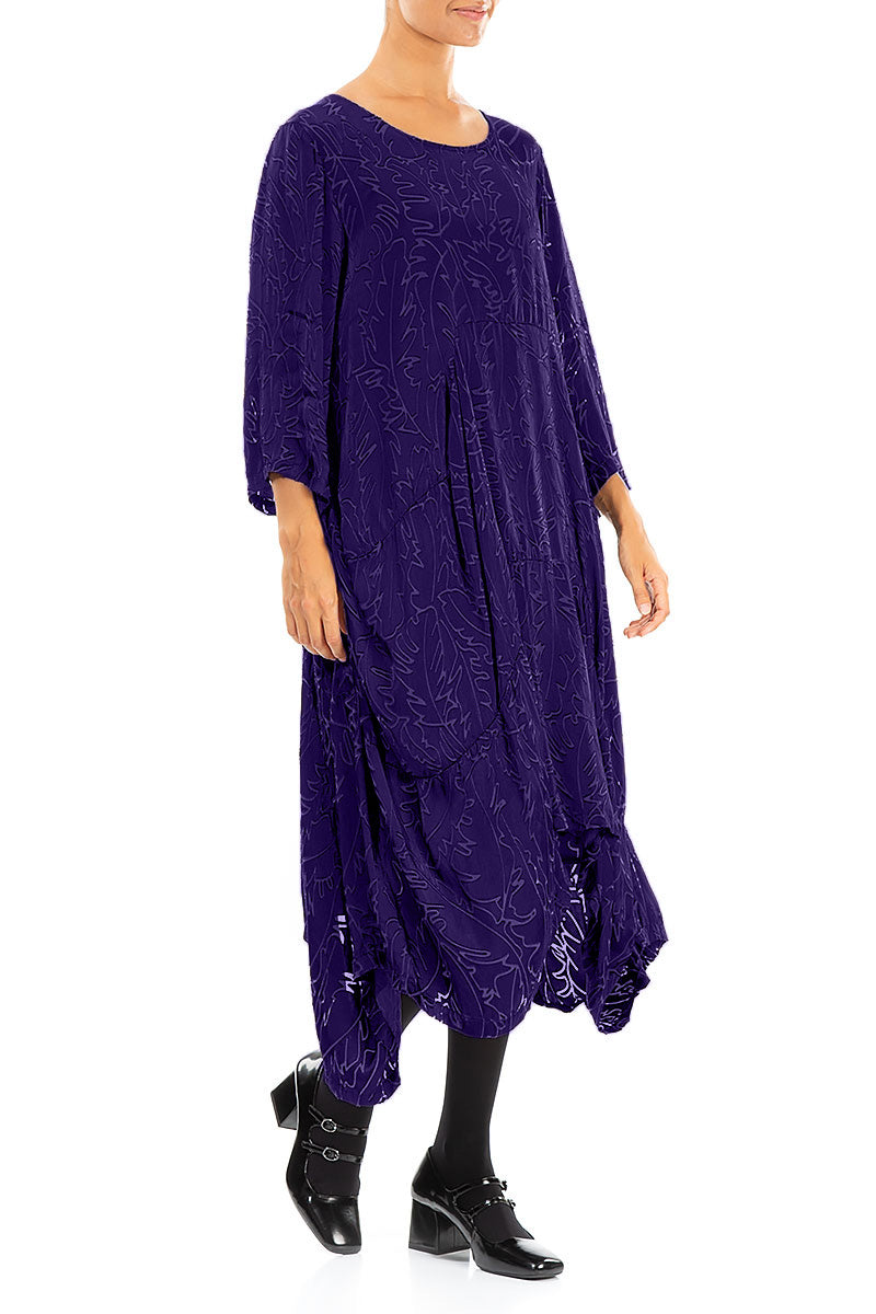 Draped Royal Purple Devoré Feather Silk Dress 3