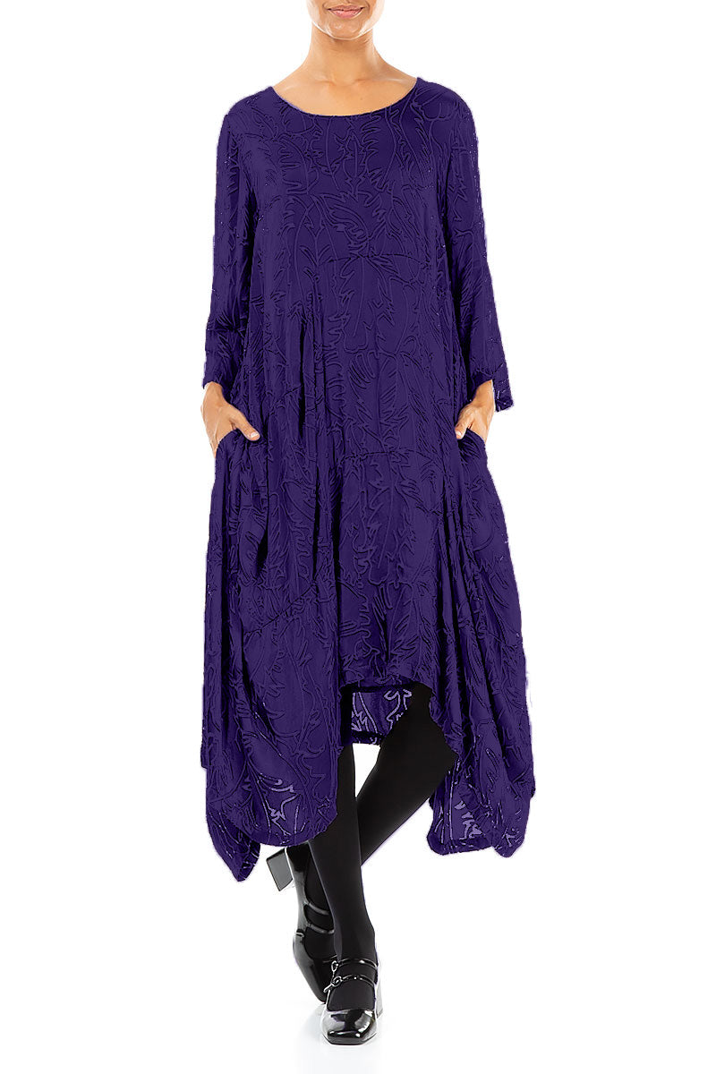 Draped Royal Purple Devoré Feather Silk Dress 4