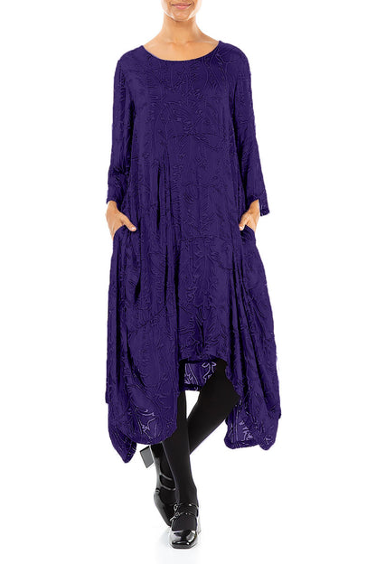 Draped Royal Purple Devoré Feather Silk Dress 4