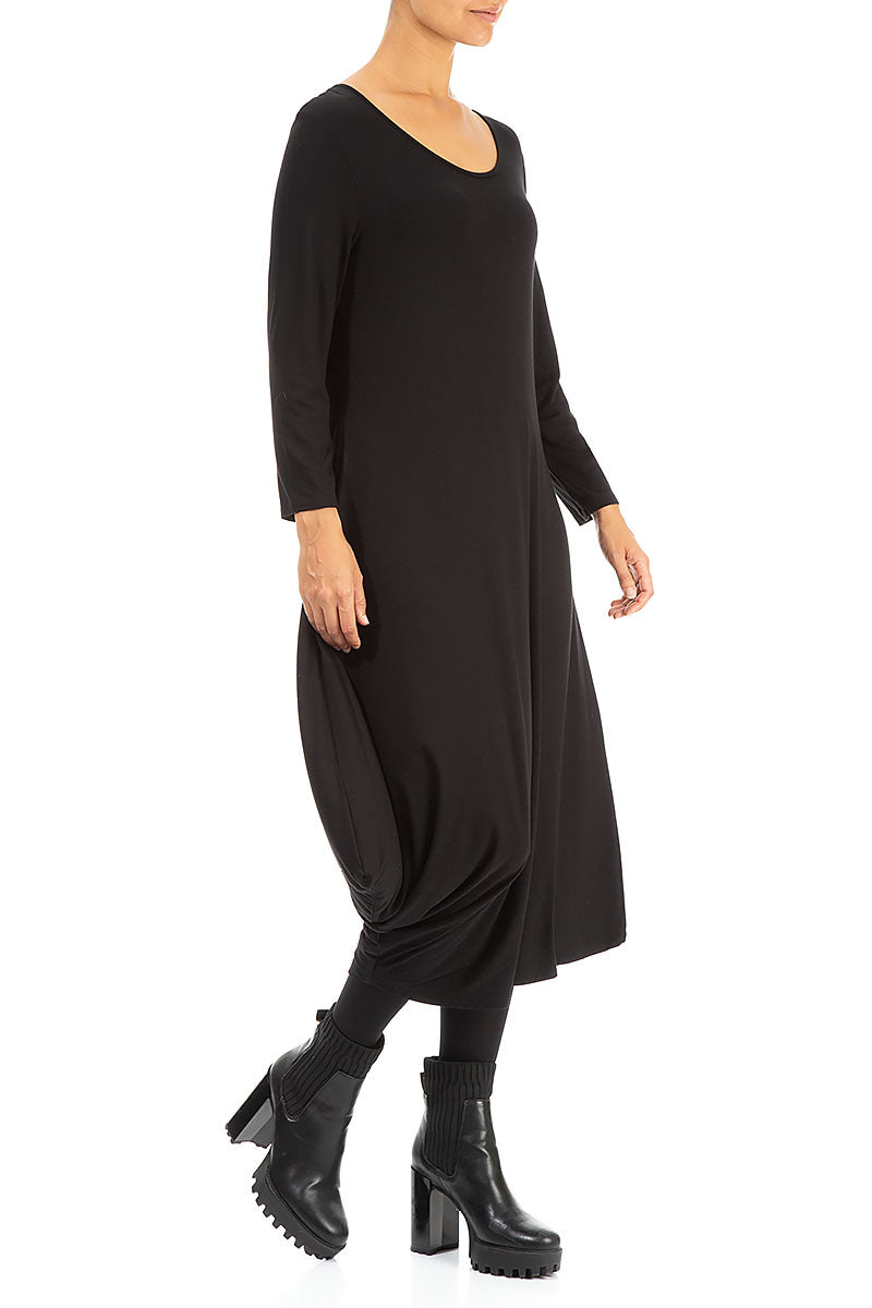 Draped Side Black Cotton Dress