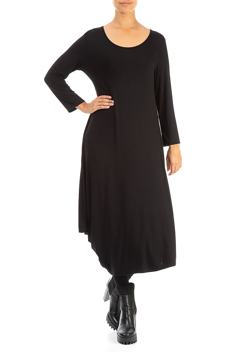 Draped Side Black Cotton Dress