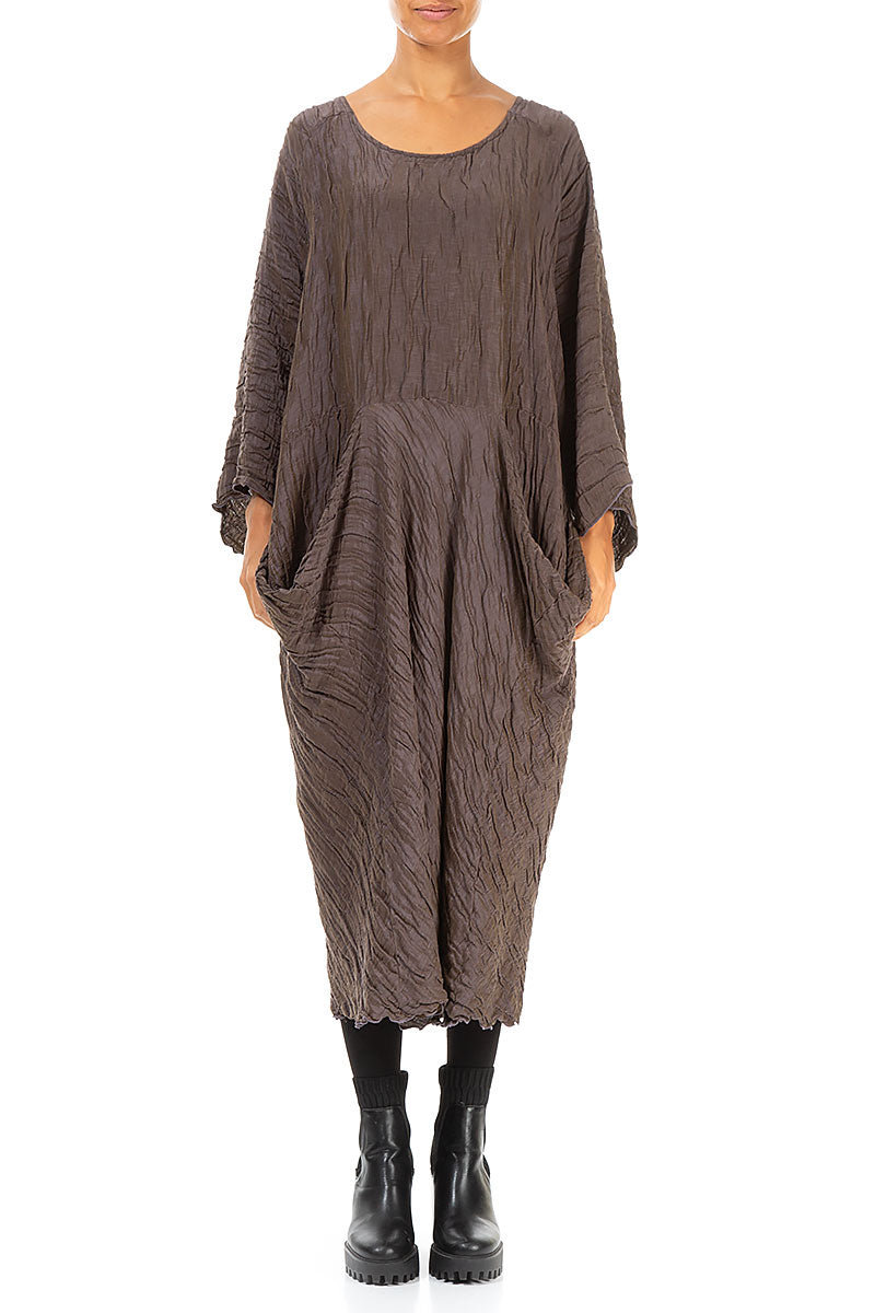 Draped Two Pockets Crinkled Brown Silk Dress