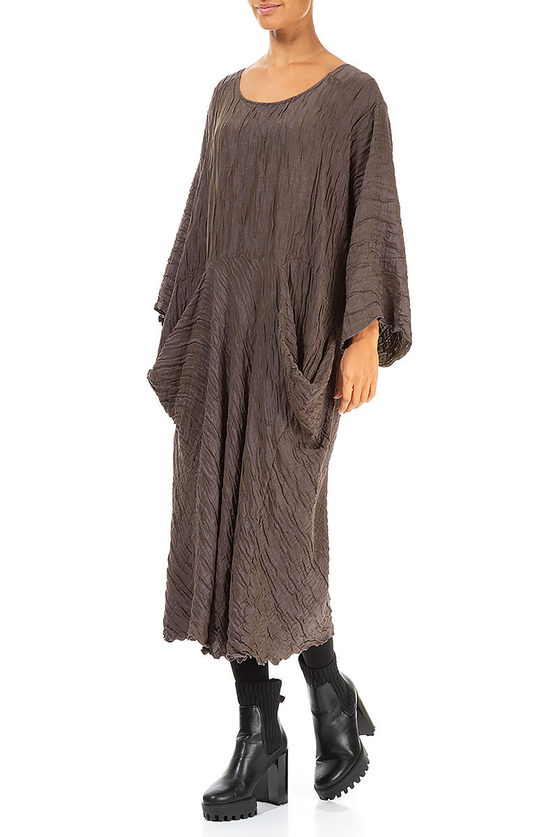 Draped Two Pockets Crinkled Brown Silk Dress